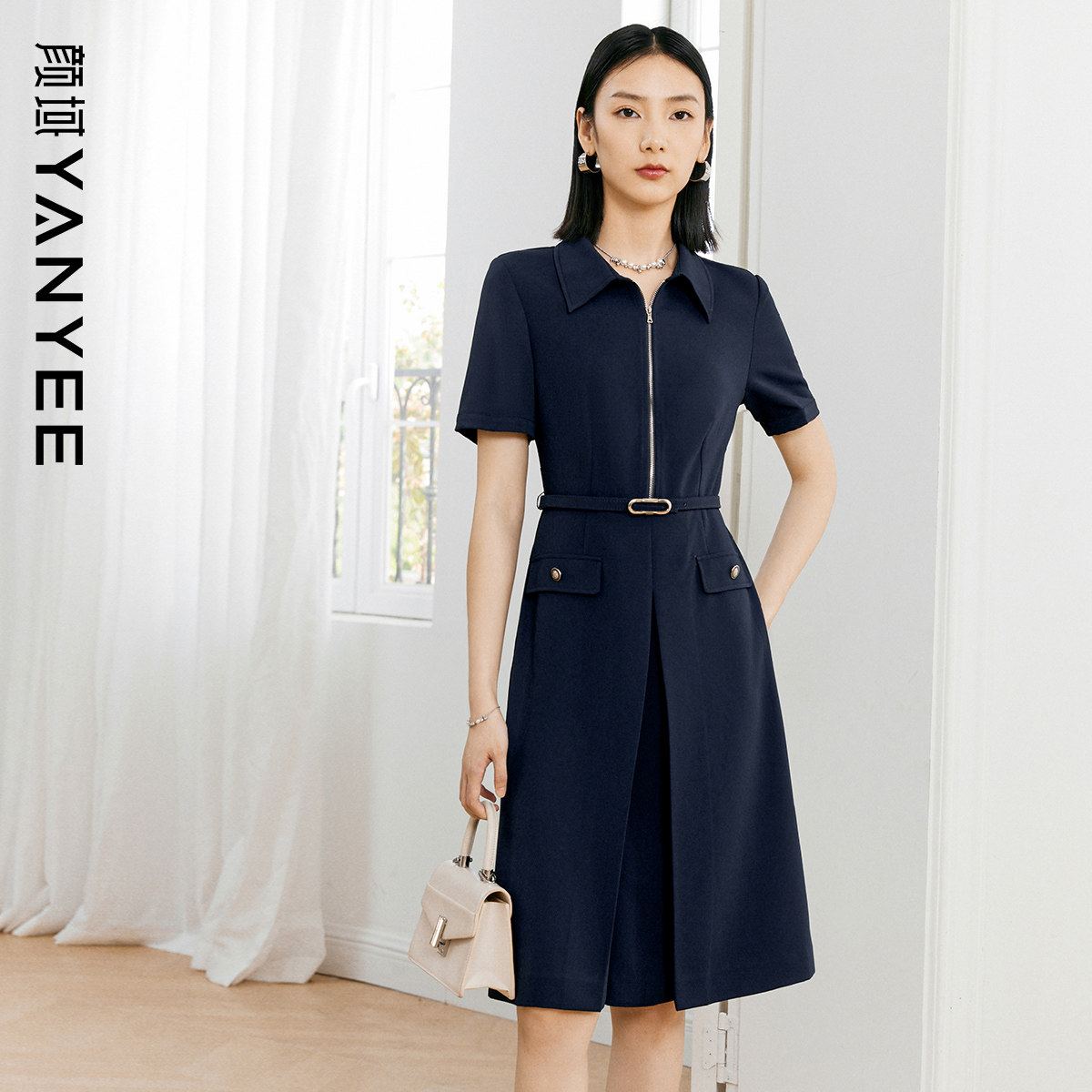 颜域时尚气质连衣裙女装2026新款夏装收腰显瘦中长款翻领短袖裙子