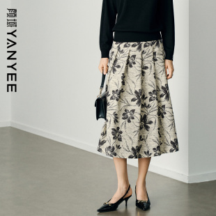 半裙高腰裙子A字半身裙 中长款 颜域复古印花百褶裙女2026新款 春季
