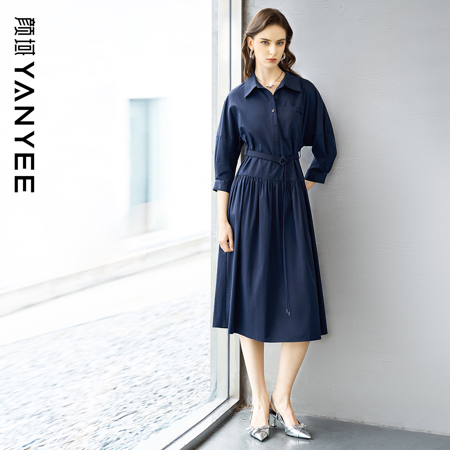 颜域春季衬衫领连衣裙女2026流行新款修身过膝气质优雅通勤中长裙,女装/女士精品,连衣裙,淘宝优惠券,粉丝福利购,淘宝优惠卷