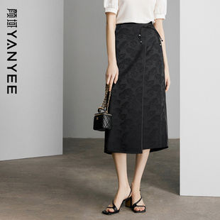 裙子 浮雕提花半裙高级感新中式 颜域国风黑色半身裙女2026新款 夏装