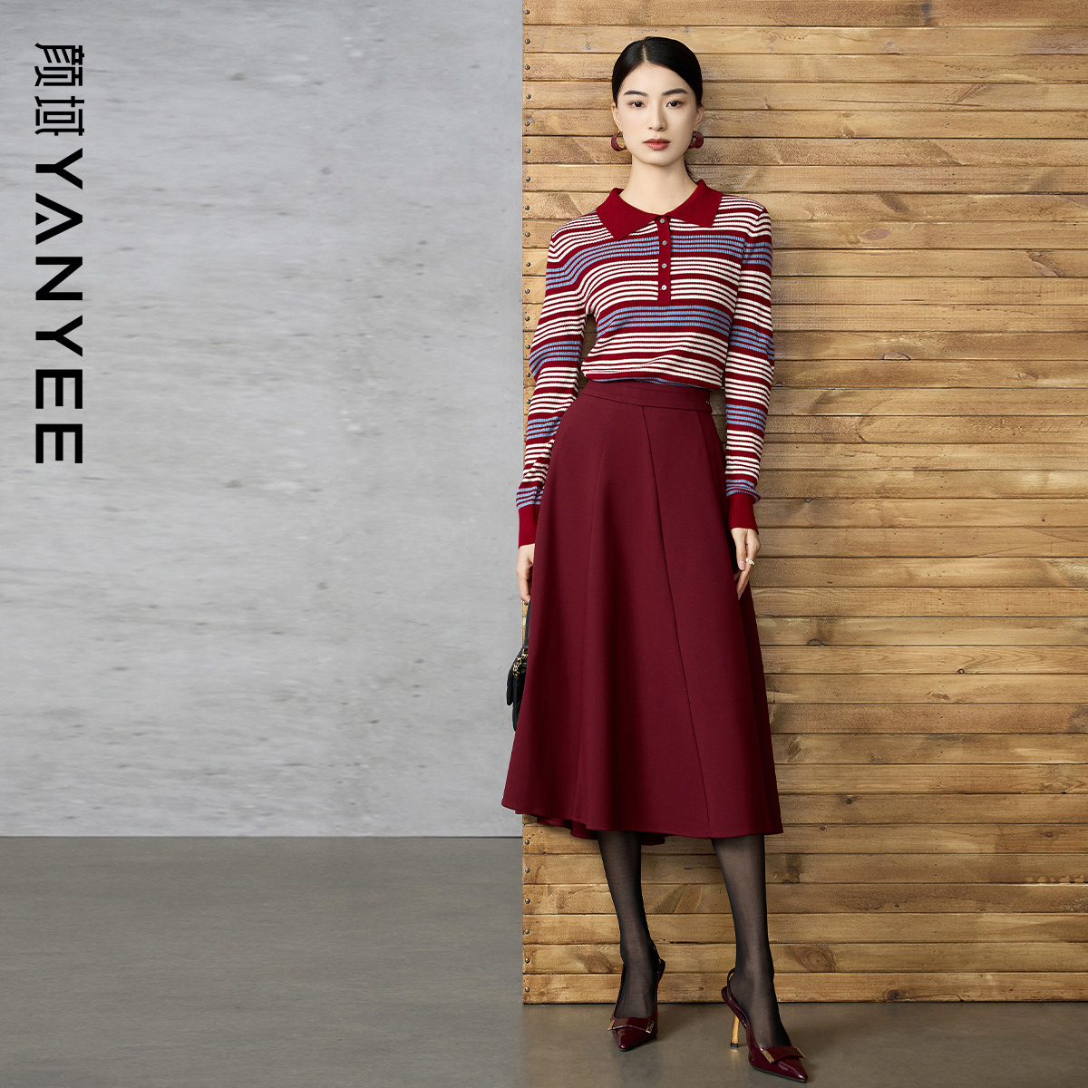 颜域酒红色优雅半身裙