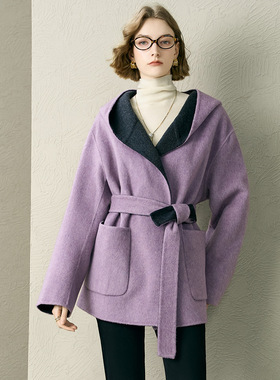 颜域紫色连帽毛呢外套女2025冬季新款宽松收腰短款双面呢大衣女士