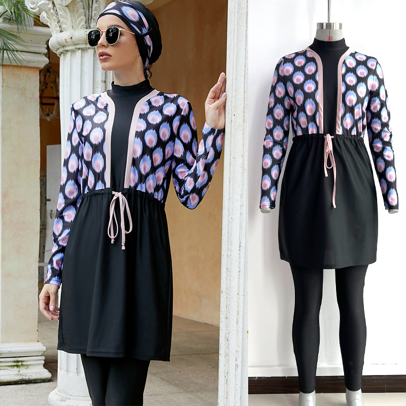 女孩裙式分体长袖长裤泳衣3件套