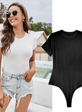 欧美百搭基础款黑白色短袖连体衫修身T恤上衣女夏丝光棉Bodysuit