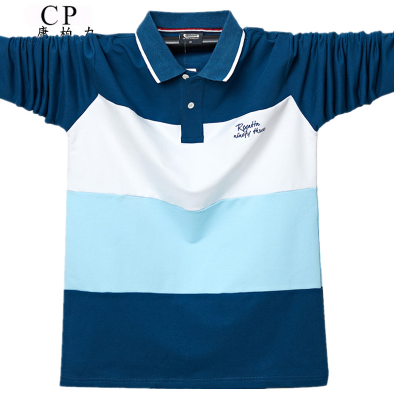 潮胖宽松拼色长袖t恤特大polo衫