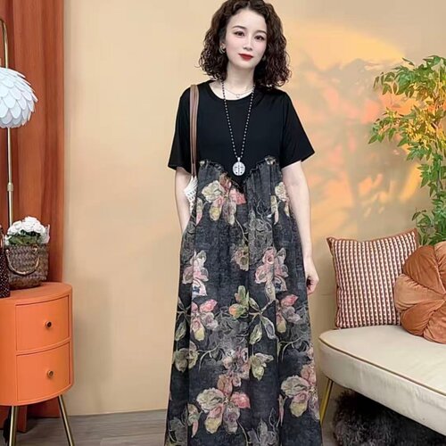 妈妈装夏季大码拼色印花连衣裙
