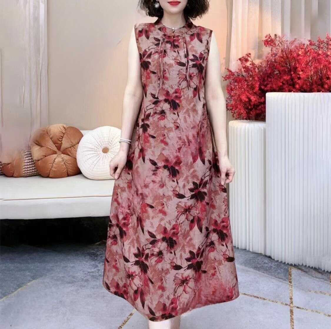 新中式国风复古印花缎面无袖连衣裙女夏季新款显瘦气质旗袍长裙