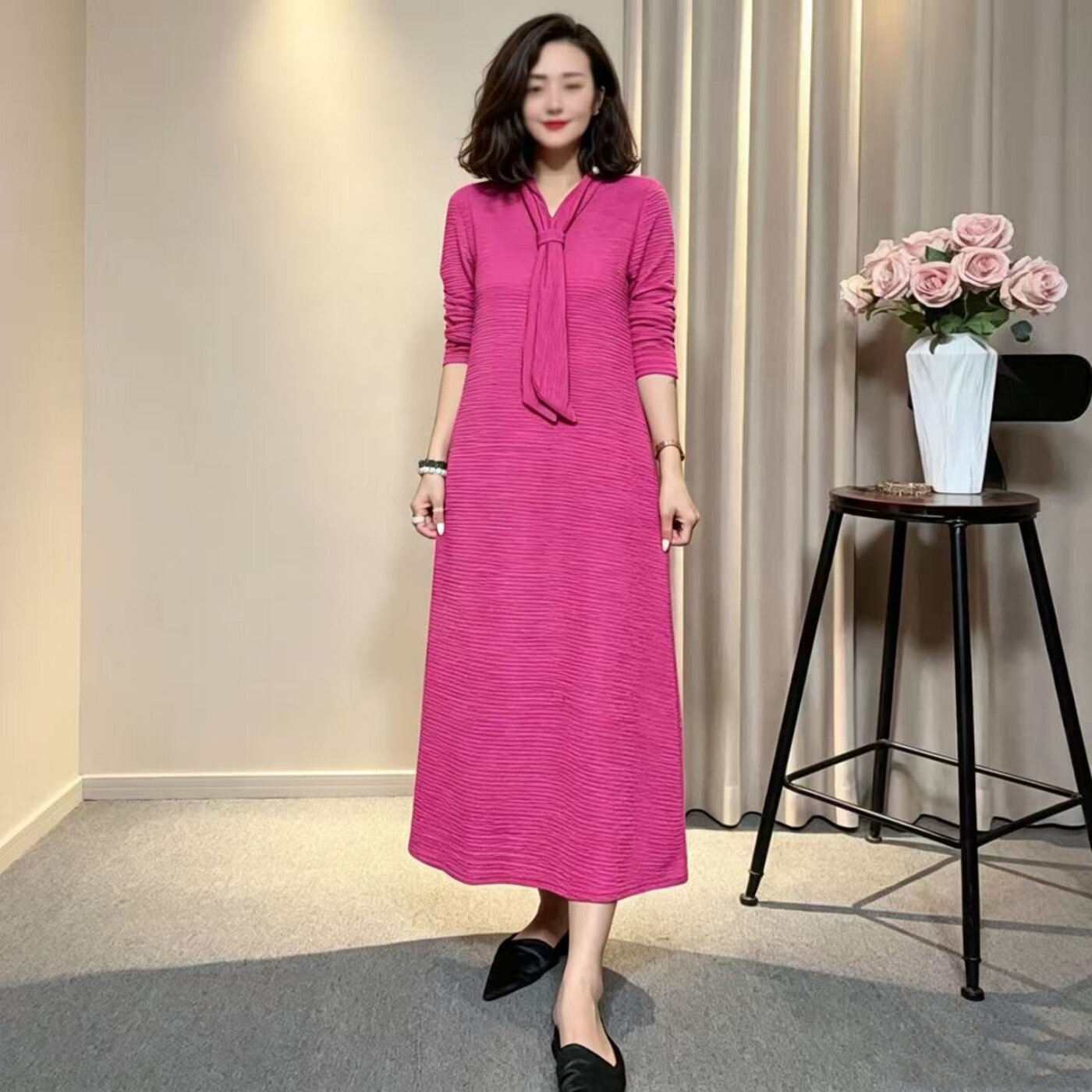 秋季妈妈装气质长袖系带连衣裙女中老年女装春秋大码显瘦高端长裙
