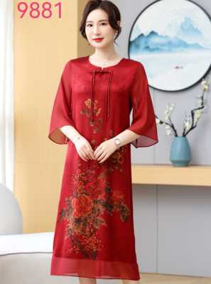 夏季新款时尚复古连衣裙遮肉显瘦圆领印花妈妈装中式国风连衣裙女