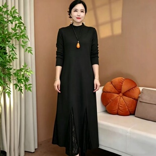 秋季轻奢风黑色长袖连衣裙中老年妈妈装春秋显瘦蕾丝拼接气质长裙