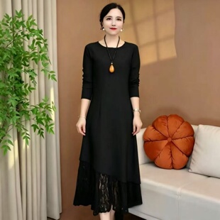 秋季妈妈装轻奢风黑色长袖连衣裙中老年女春气质显瘦拼接蕾丝长裙