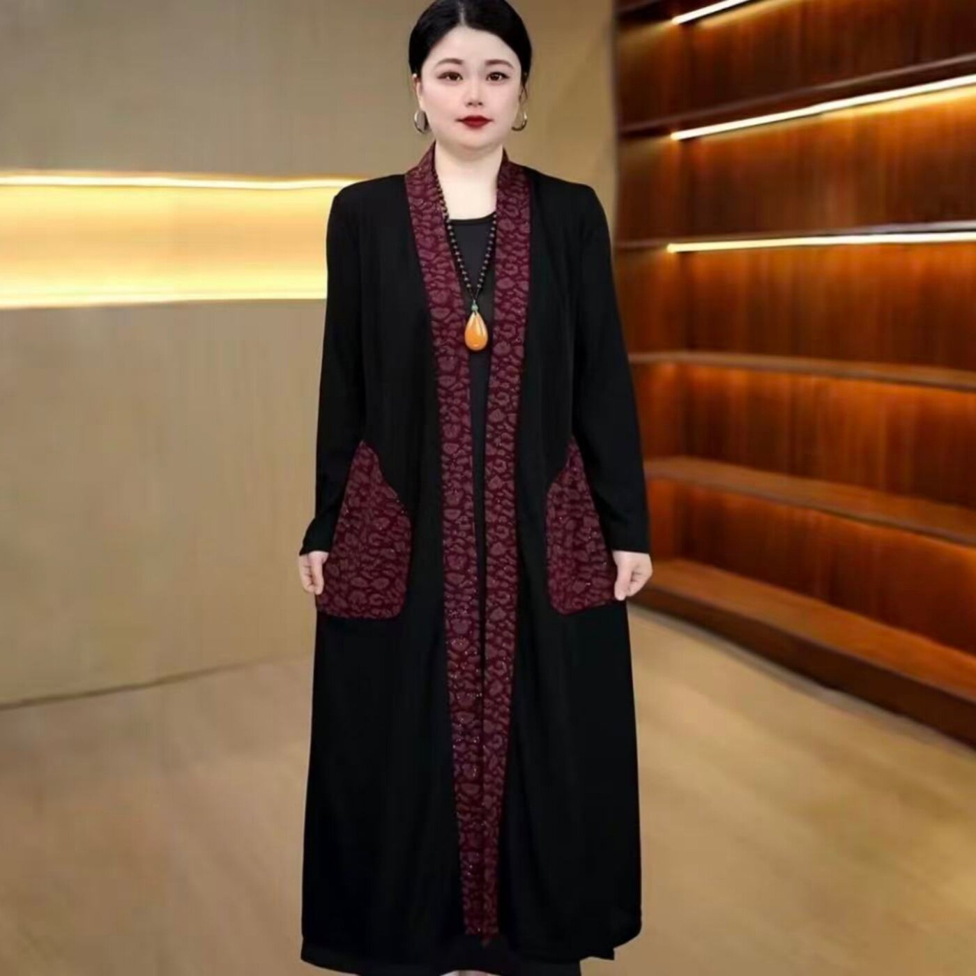 气质拼色长款春秋开衫披肩外套女妈妈装春夏薄款百搭中长款外搭