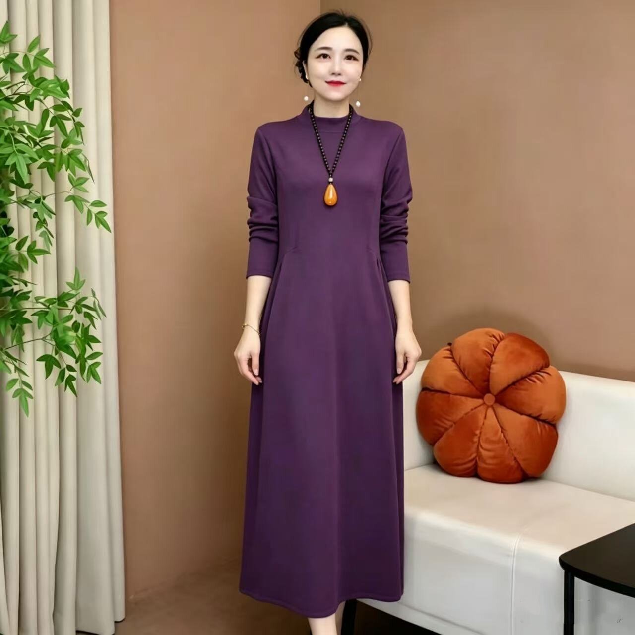 秋冬妈妈装气质半高领加厚长袖连衣裙中老年女装春秋大码气质长裙