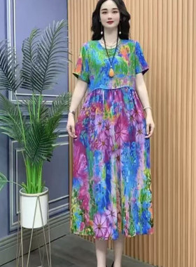 妈妈装夏季沙滩裙新款短袖连衣裙