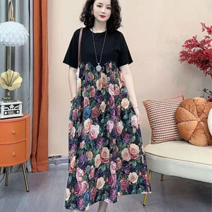 妈妈款 浪漫连衣裙度假风新中式 拼色中年女装 夏装 海边穿搭 女士短袖