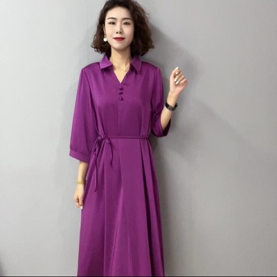 衬衫领收腰连衣裙女气质长裙