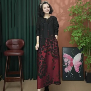 妈妈装秋季新款时尚围巾大码连衣裙春秋款长袖气质减龄中长款裙子
