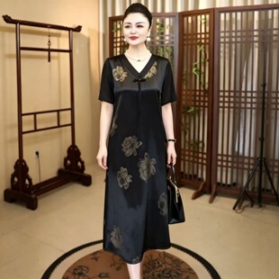 夏季妈妈装优雅气质V领短袖连衣裙中老年女装显瘦减龄高端连衣裙