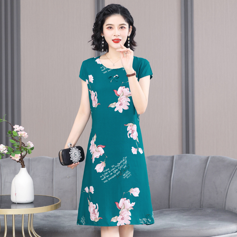 夏季短袖连衣裙女棉绸中长款新款时尚休闲修身显瘦印花花色裙子