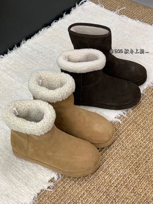 EOS真皮勃肯雪地靴女2025冬新款复古休闲加绒平底羊羔毛短筒棉鞋