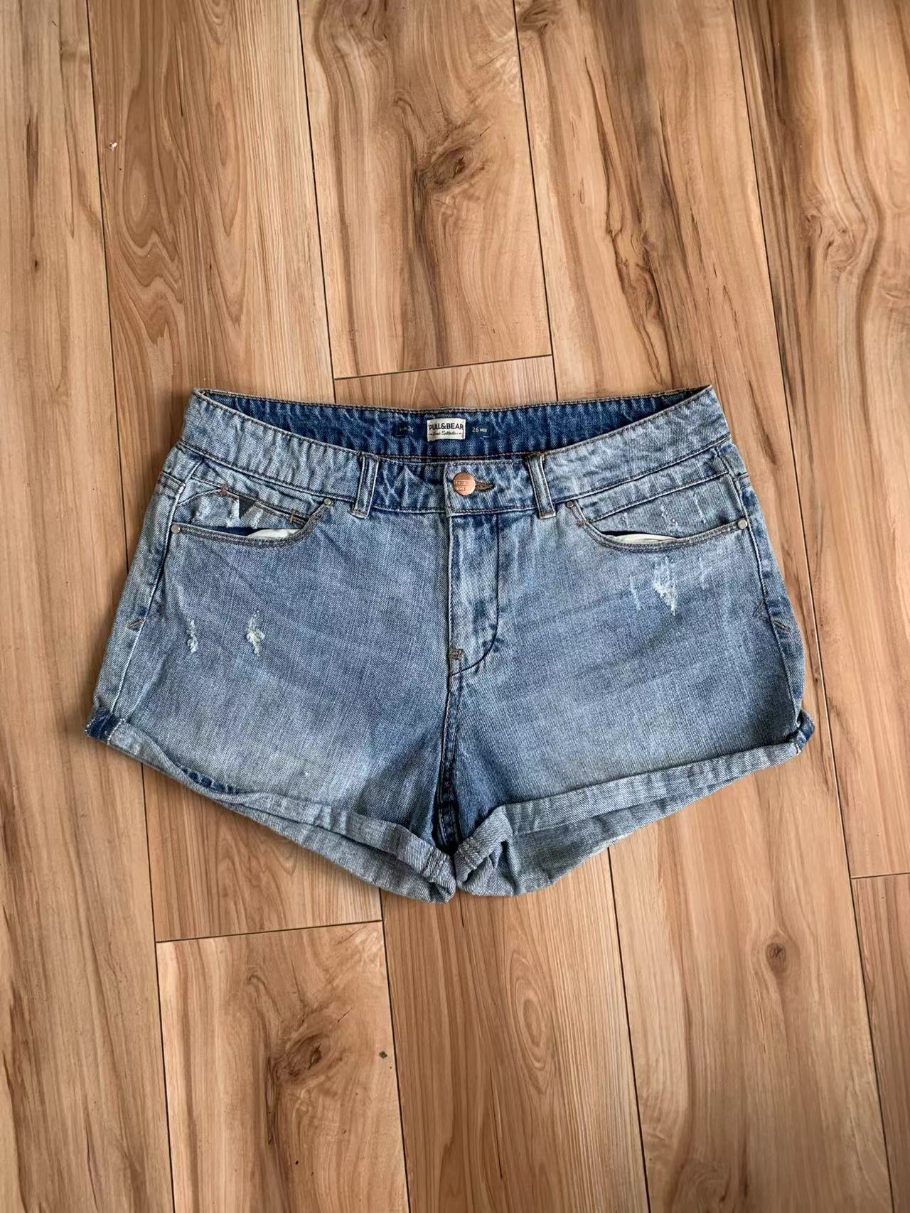 出口欧美复古简约低腰毛边牛仔短裤女夏季