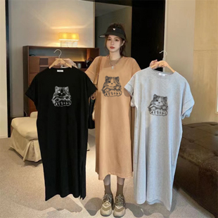 t恤裙ins女装 2025新款 短袖 过膝连衣裙夏季 卡通印花纯棉宽松中长款