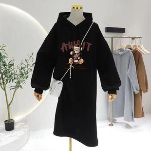 慵懒风长袖 休闲连衣裙女秋冬加绒新款 小个子宽松连帽卫衣裙中长款