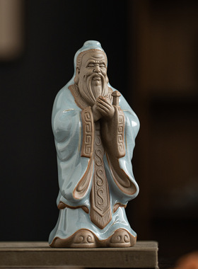 中式汝窑历史人物孔子摆件孔夫子家居书房博古架装饰品教师节礼物