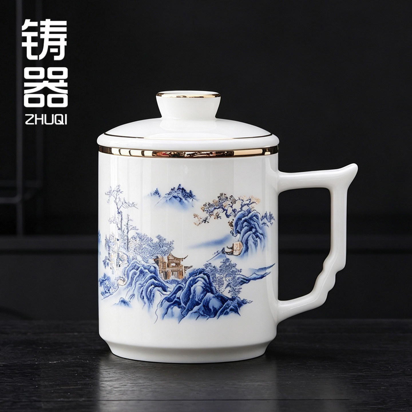铸器 400ml德化羊脂玉瓷泡茶杯茶水分离杯带盖马克杯会议办公杯
