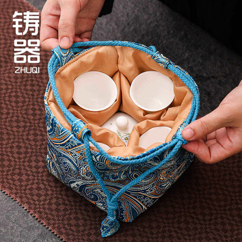 中式复古刺绣抽绳茶具收纳包
