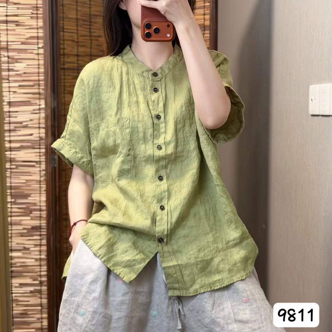 时尚显瘦百搭个性亚麻短袖衬衫女2026夏季新款休闲宽松立领衬衣潮