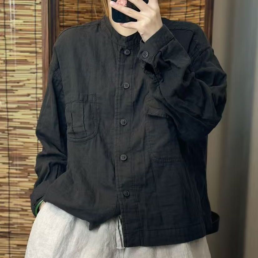 时尚减龄双纱婴儿棉长袖衬衫女立领文艺百搭显瘦休闲宽松个性衬衣