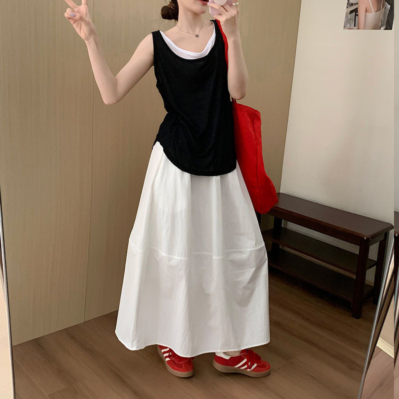 亚麻白色A字伞裙半身裙女夏季2半身裙