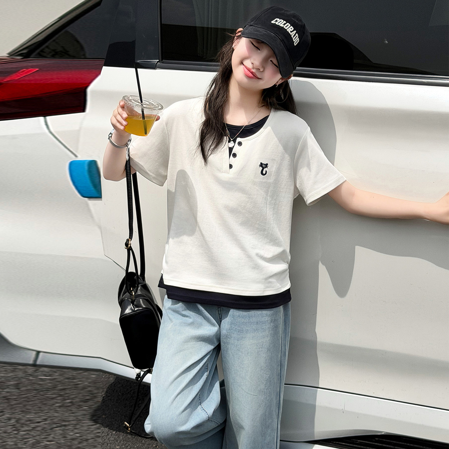 女童假两件小猫上衣牛仔裤套装2026新款洋气春装中大童学生穿搭