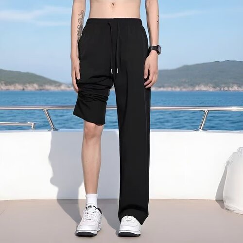 2026高腰新款冰丝皱直筒裤夏季薄款抽绳肌理慵懒美式休闲裤子
