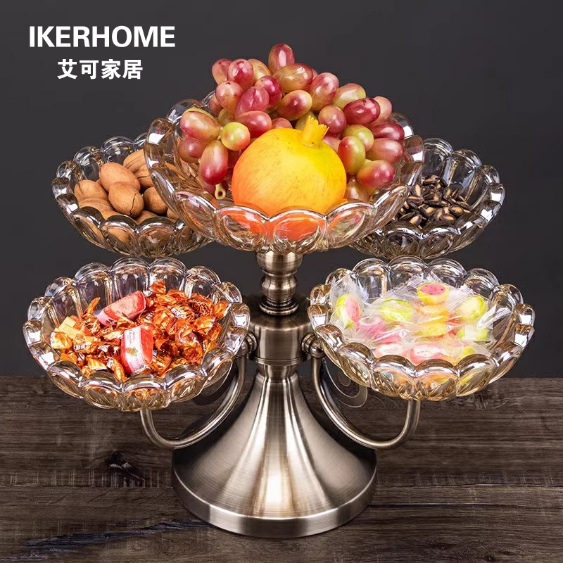 IKER新年果盘客厅茶几家用零食盘轻奢高档旋转欧式水晶玻璃干果盘