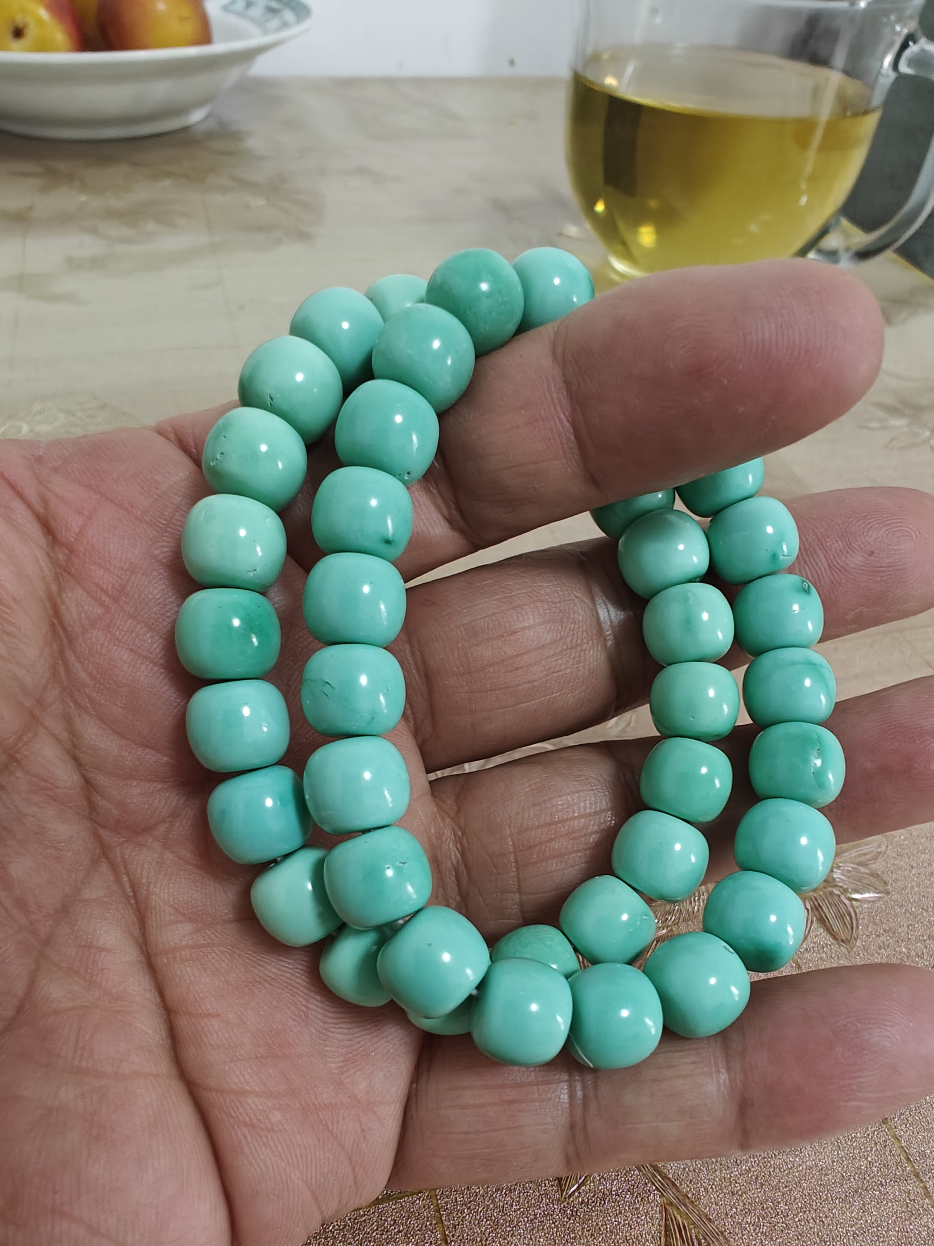 绿松石手串湖北原矿绿松石高瓷质地蓝绿色泽均匀水草纹自特价转让