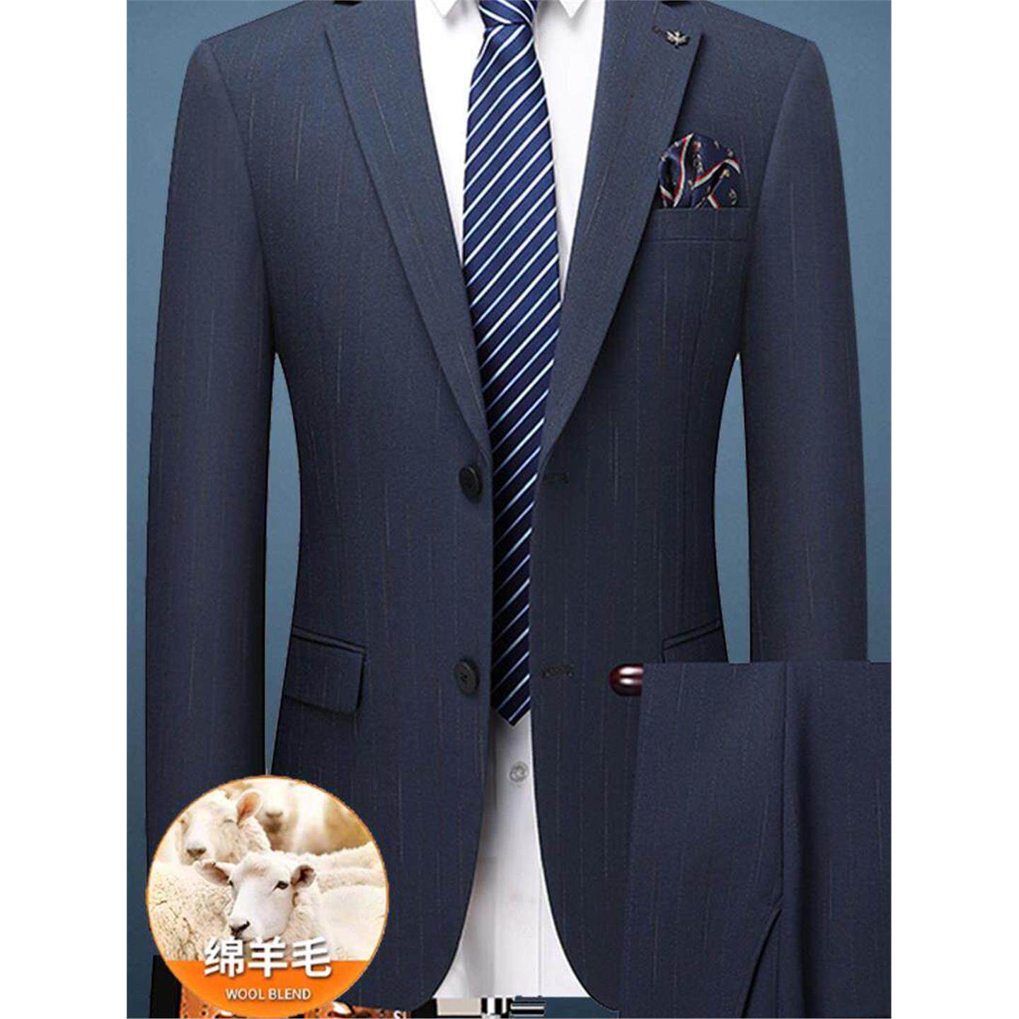 梦特娇羊毛西服男士套装春秋新款结婚宴礼服商务休闲条纹西装外套