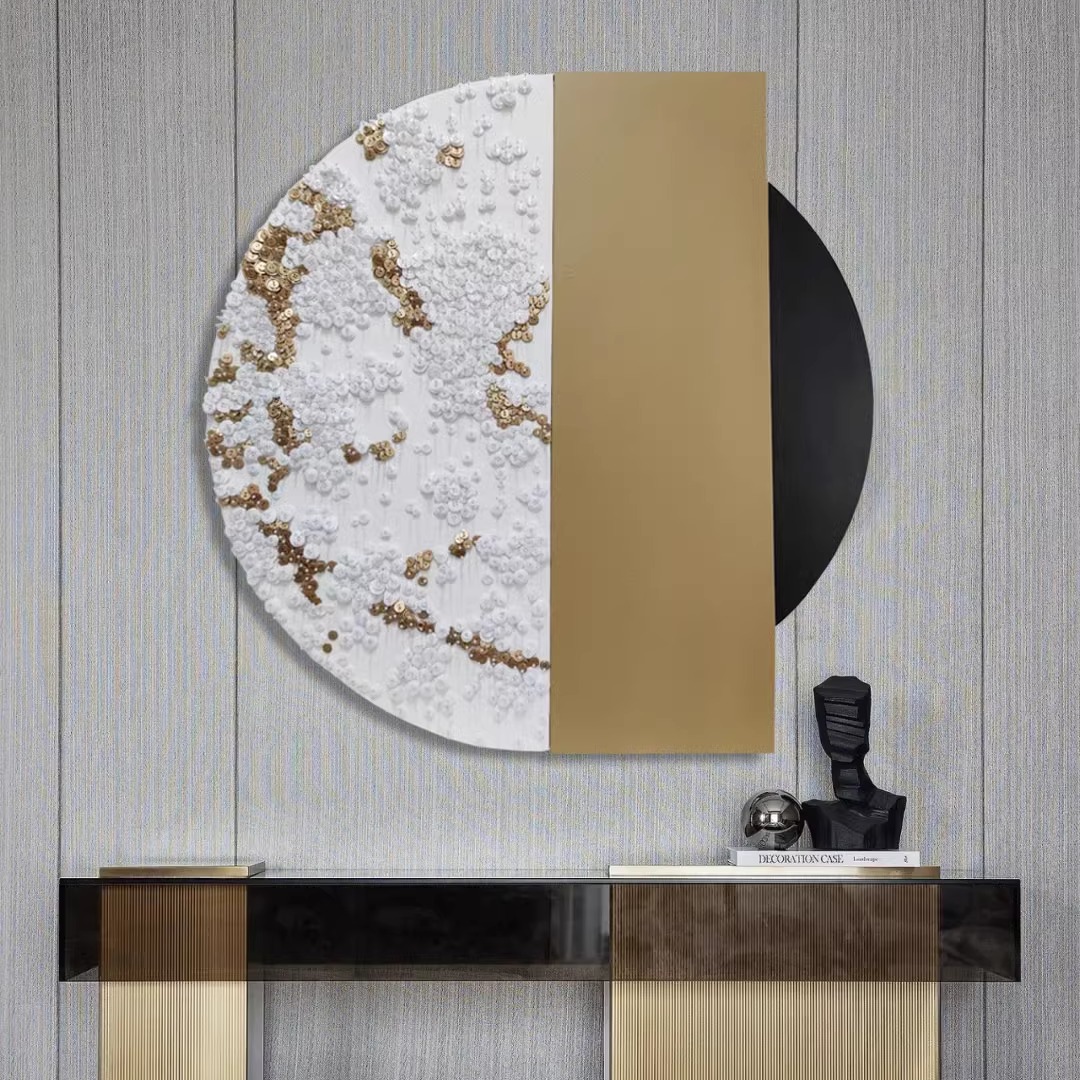 新中式轻奢样板房钮扣立体拼贴实物画酒店别墅壁画玄关圆形装饰画图片