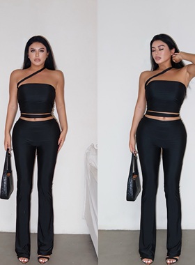 LAPINKY【kylie同款】性感黑色不规则斜肩短款上衣微喇长裤套装