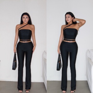 LAPINKY【kylie同款】性感黑色不规则斜肩短款上衣微喇长裤套装