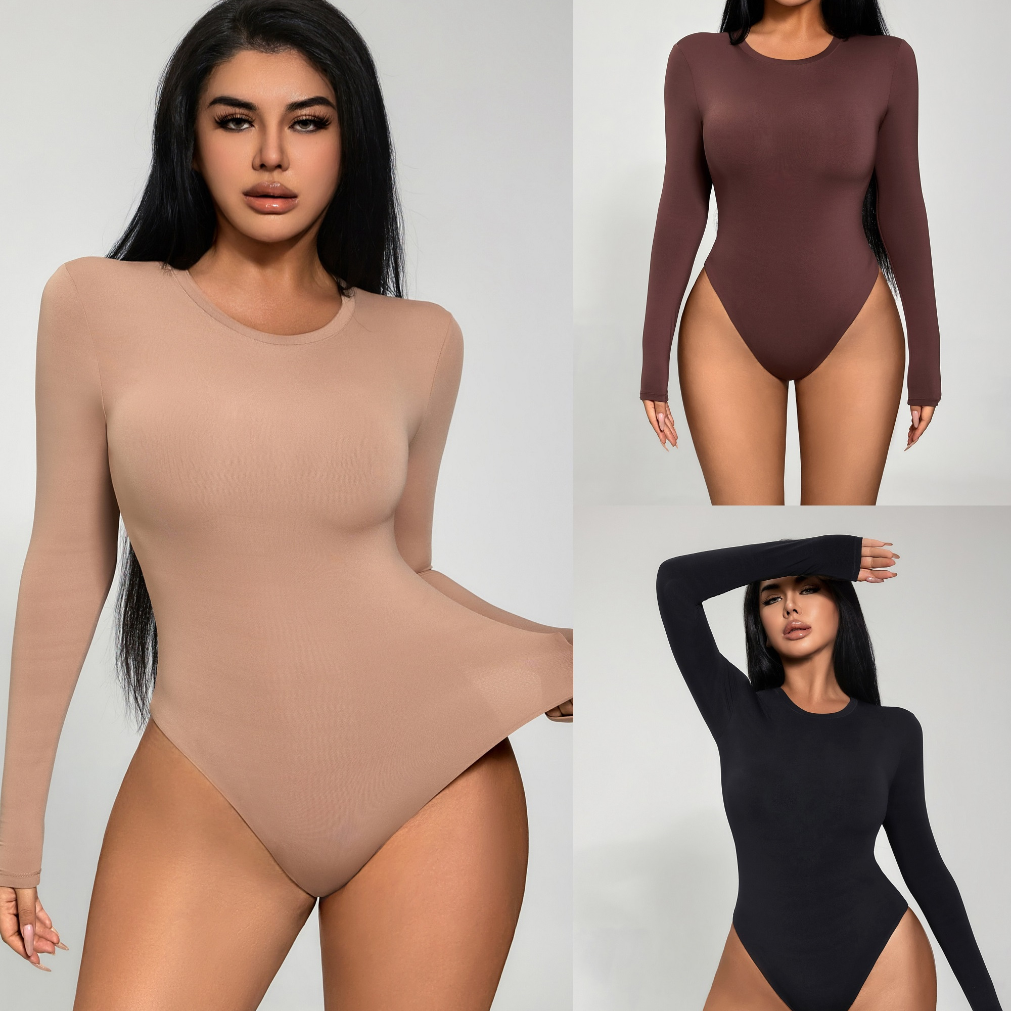 LAPINKY【干练简约】欧美卡戴珊长袖连体t打底衫修身显瘦圆领上衣