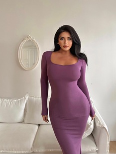 欧美长袖 卡戴珊style 方领高弹显身材鱼尾包臀连衣裙 PINKY