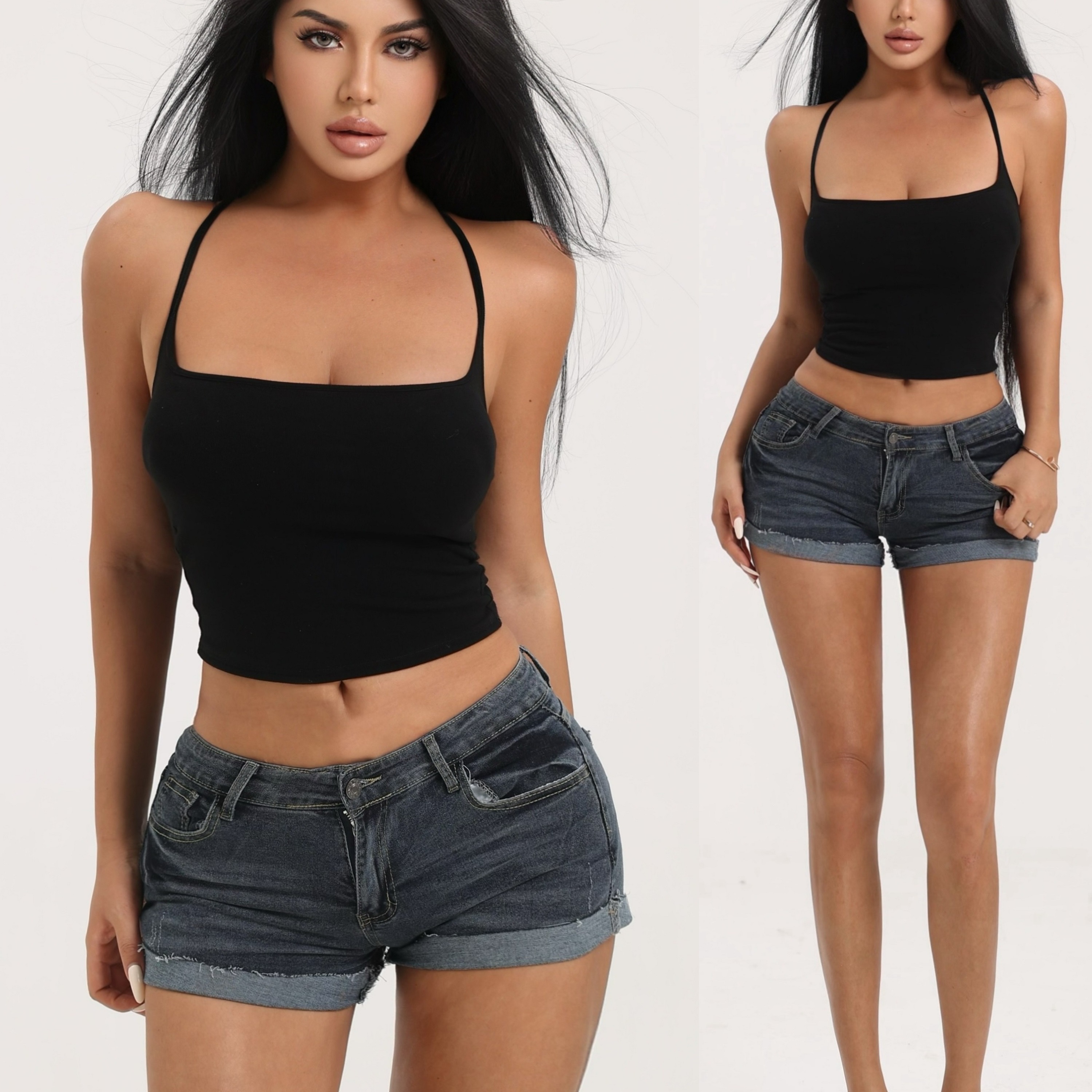 欧美辣妹低腰丰胯卷边牛仔短裤