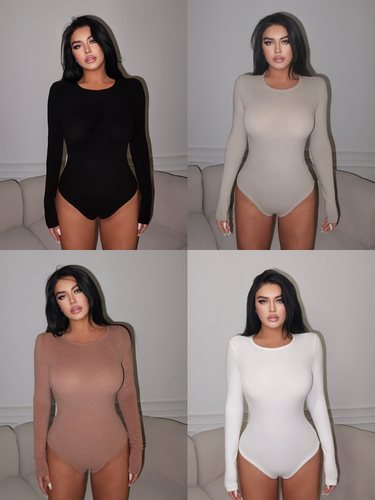 LA PINKY【极简卡戴珊】skims纯色圆领修身磨毛长袖连体衣打底T女