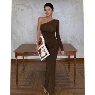 连衣裙套装 上衣包臀裙修身 欧美辣妹斜肩长袖 LAPINKY巴黎夜曲