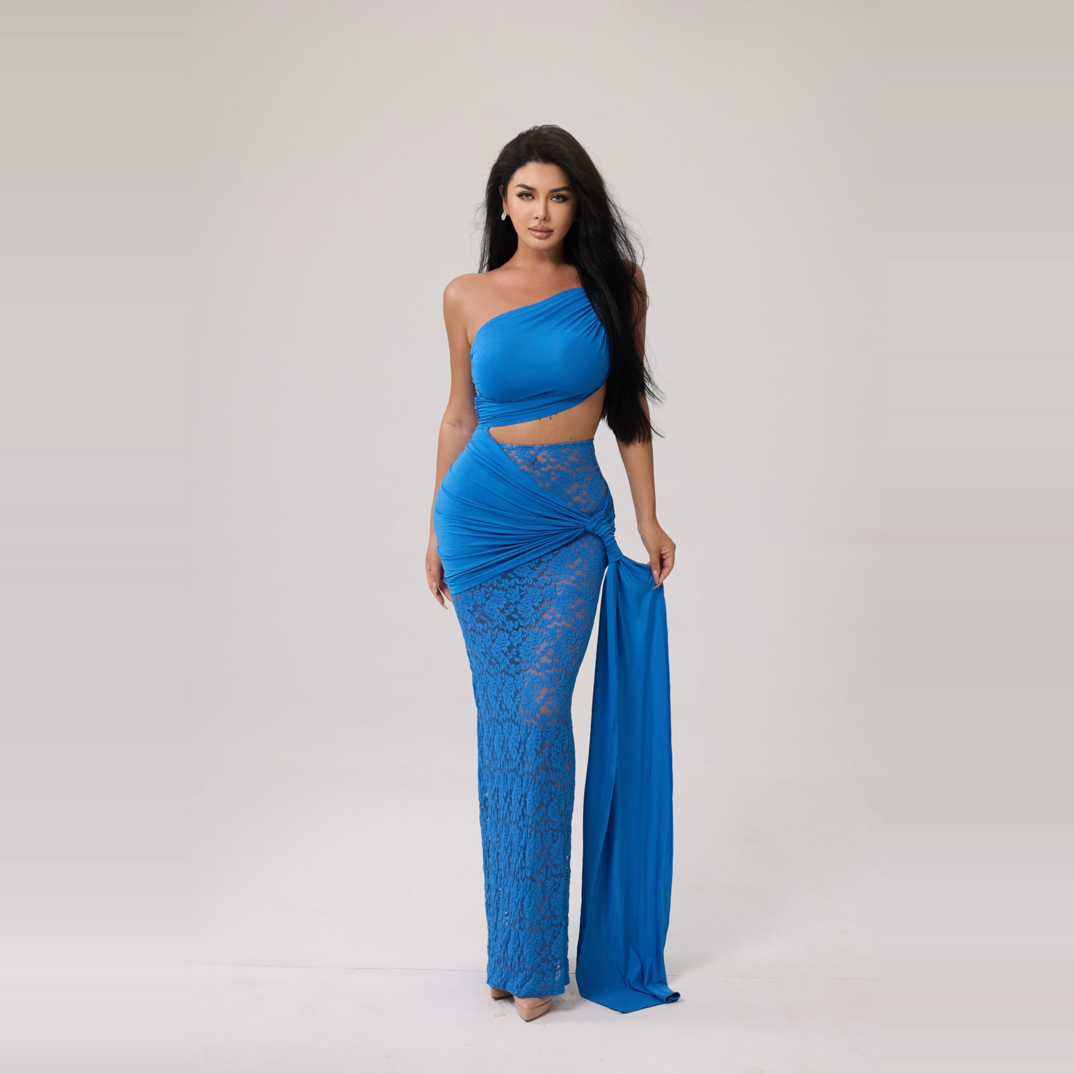 LAPINKY古希腊!欧美性感蕾丝拼接设计感斜肩露背镂空不规则包臀裙,女装/女士精品,连衣裙,淘宝优惠券,粉丝福利购,淘宝优惠卷