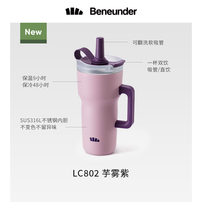 Beneunder吸管保温杯大容量女生高颜值杯子巨无霸冰霸杯保温水杯
