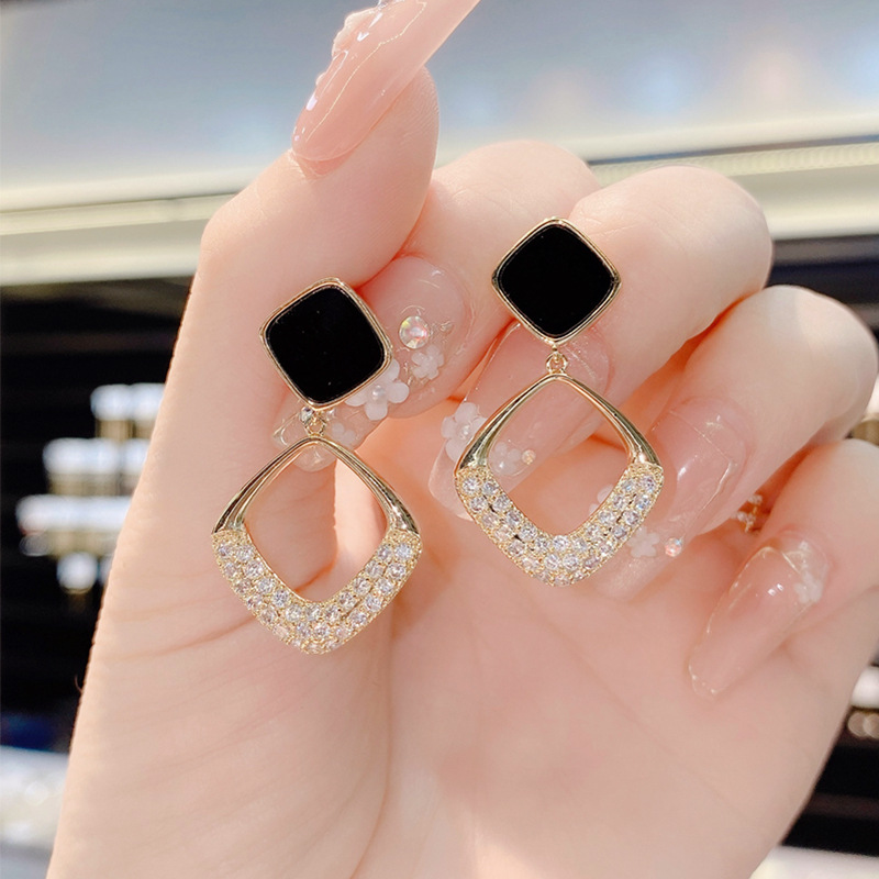 简约小众轻奢设计感几何菱形镶钻耳环网红气质高级感