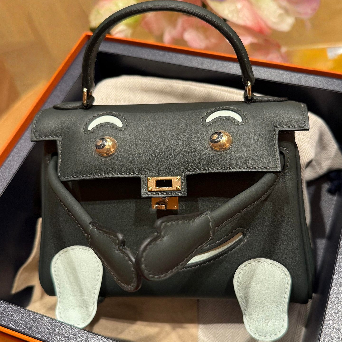 纯手工定制凯莉包女迷你千禧娃娃包进口swift皮手提包卡通表情包